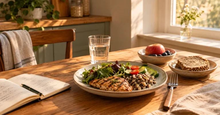 A kitchen table with a balanced meal of salad, grilled protein, whole grain bread, and fruit beside an open notebook