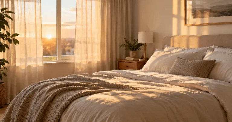 Calm bedroom with soft morning light filtering through curtains onto a neatly made bed with neutral linens