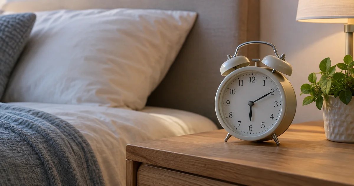 Bedroom alarm clock showing early morning time in soft ambient light, calm and unhurried