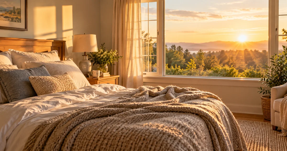 Morning light through bedroom window with warm golden glow suggesting peaceful rest