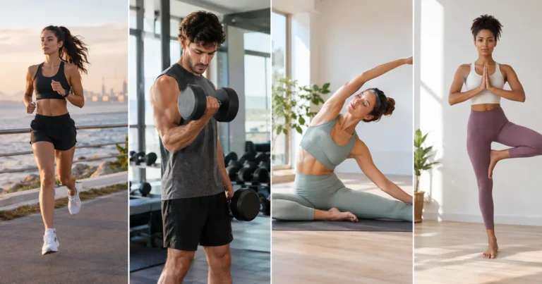 Four exercise types: running outdoors, lifting weights, stretching, and balance training in natural light