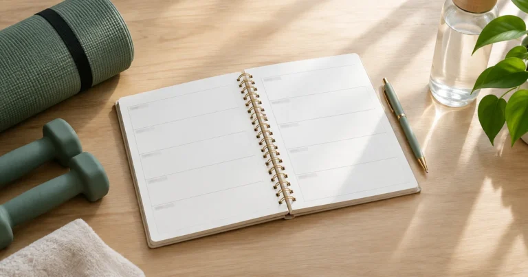 Open weekly planner on a desk with a pen and water bottle in natural light, calm organized setting