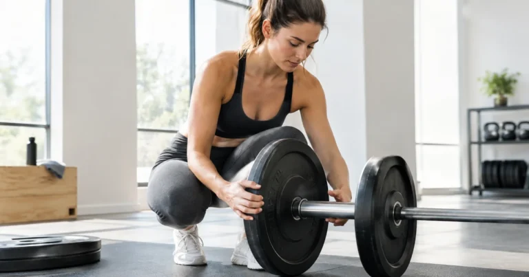 Person adding a weight plate to a barbell in a bright gym, calm focused expression in natural light