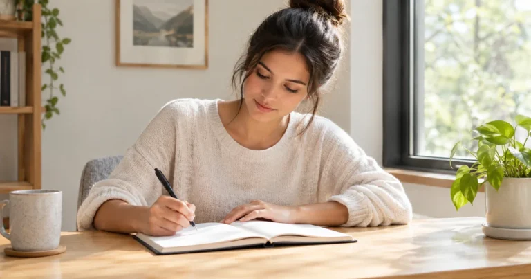 Person writing in a journal at a desk near a window in natural light, calm focused expression