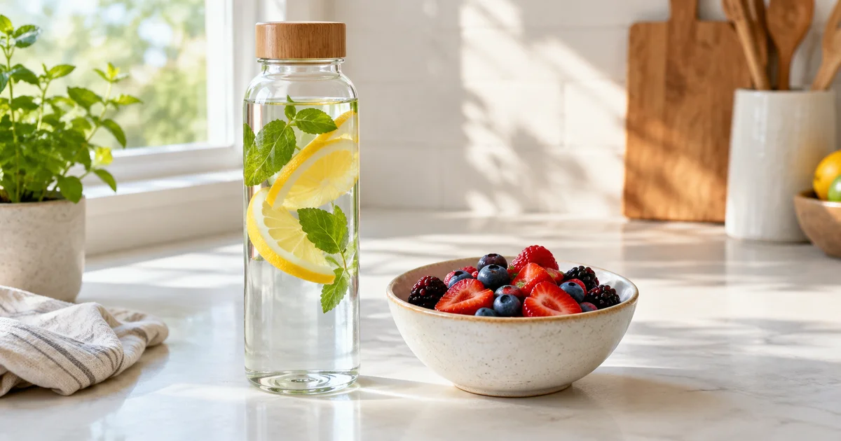A glass water bottle and a small bowl of fresh mixed berries on a clean kitchen counter in soft natural light