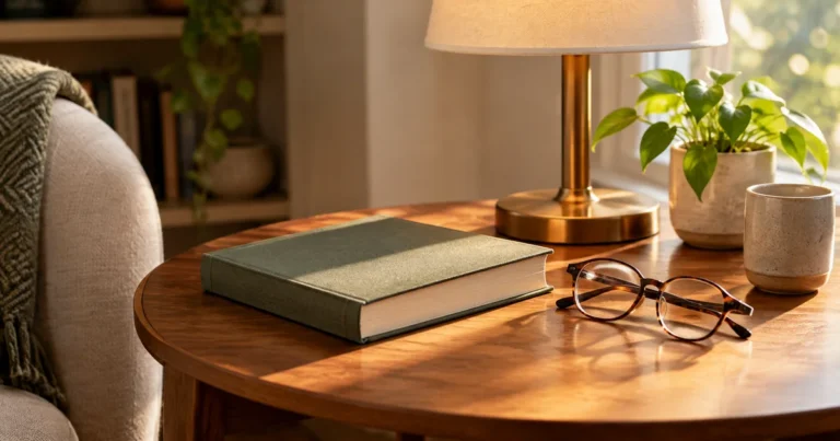 A warm wooden side table with a reading lamp, a closed book, and a pair of glasses in soft afternoon light