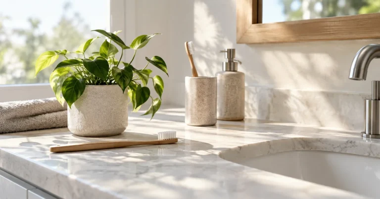 A clean bathroom countertop with a toothbrush and a small plant in soft morning light