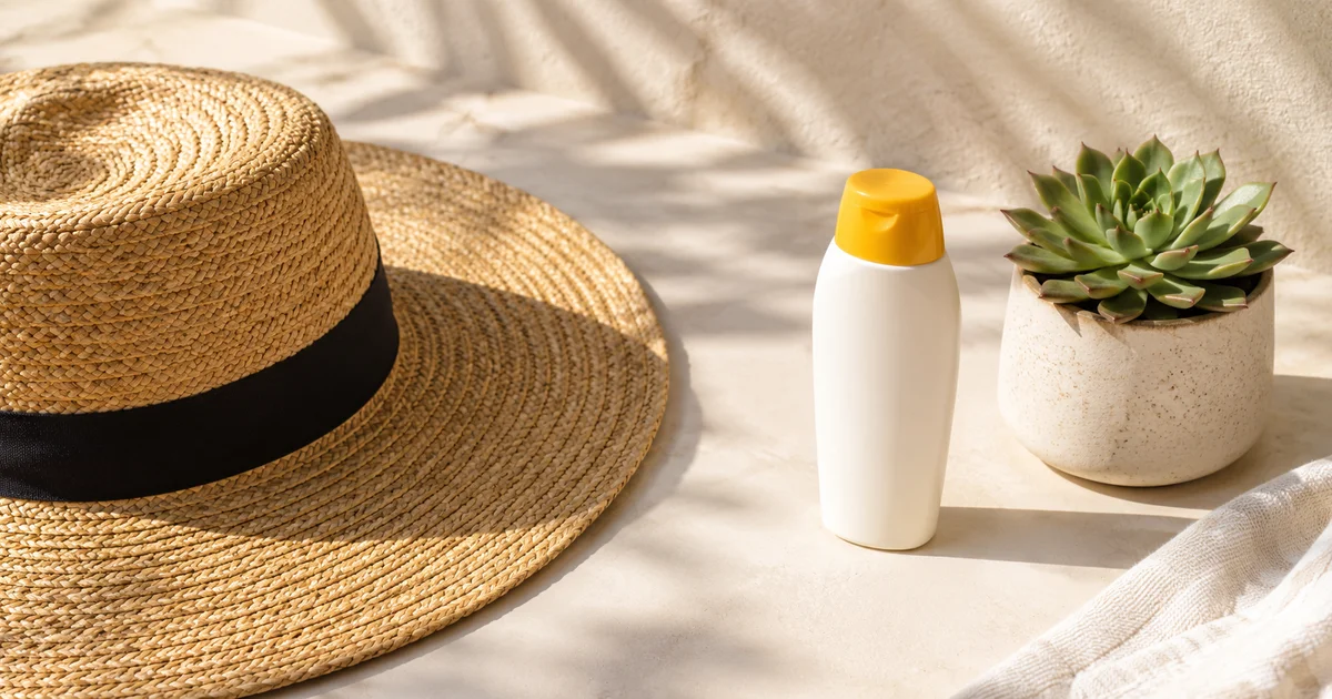 A beach hat, a bottle of sunscreen, and a small succulent on a clean bright surface in warm natural light