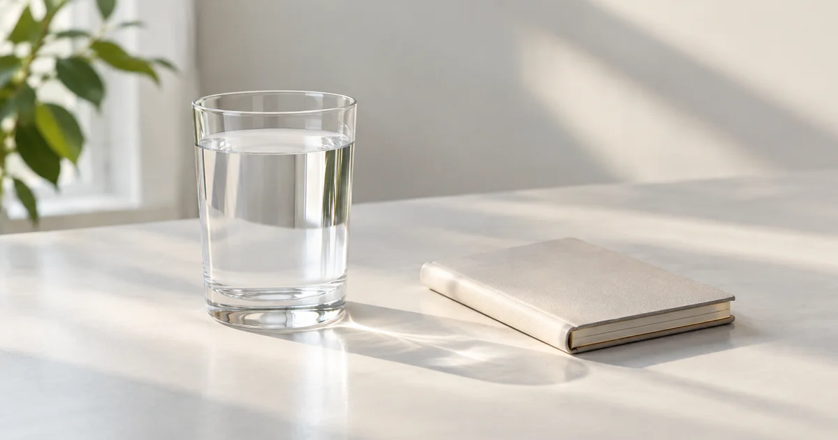 A single glass of plain still water and a small closed notepad on a clean surface in soft natural light