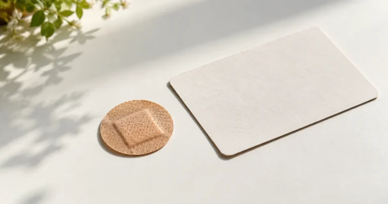 A clean white surface with a small round adhesive bandage and a face-down appointment card in neutral light