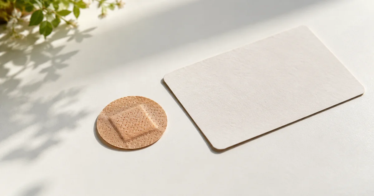 A clean white surface with a small round adhesive bandage and a face-down appointment card in neutral light