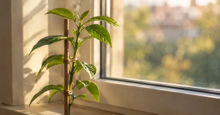 A healthy plant stem gently supported by a small wooden stake in warm light