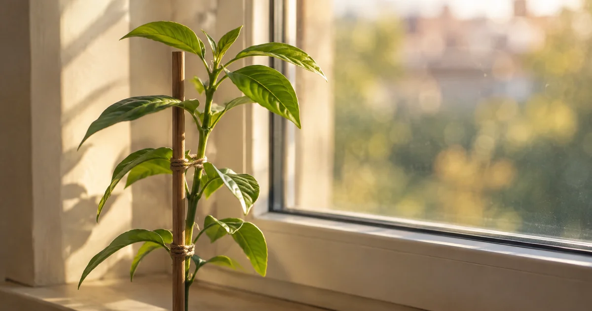 A healthy plant stem gently supported by a small wooden stake in warm light