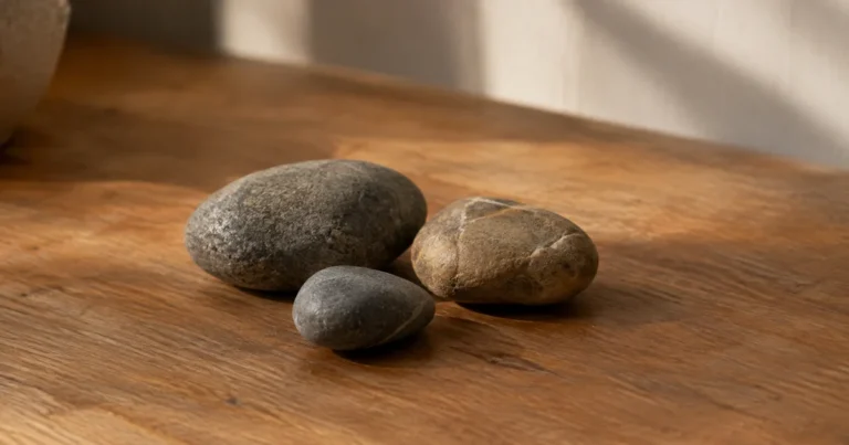 Three smooth stones resting naturally close together on a wooden surface in soft light