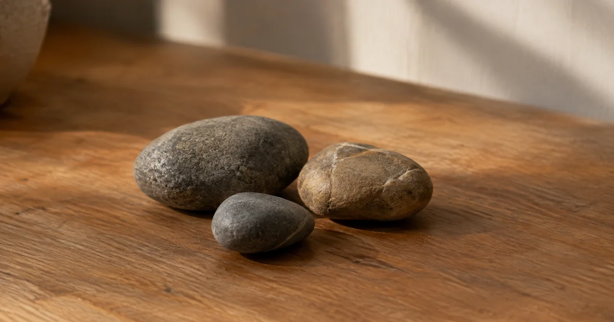 Three smooth stones resting naturally close together on a wooden surface in soft light