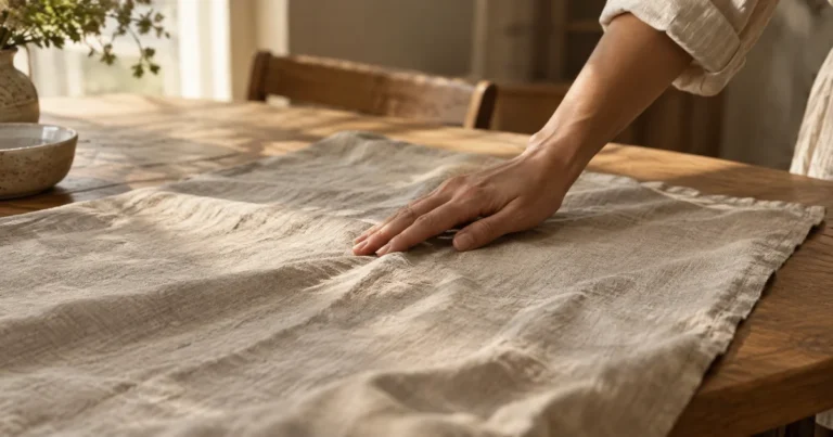 A hand smoothing a crease in linen cloth on a wooden table in soft light
