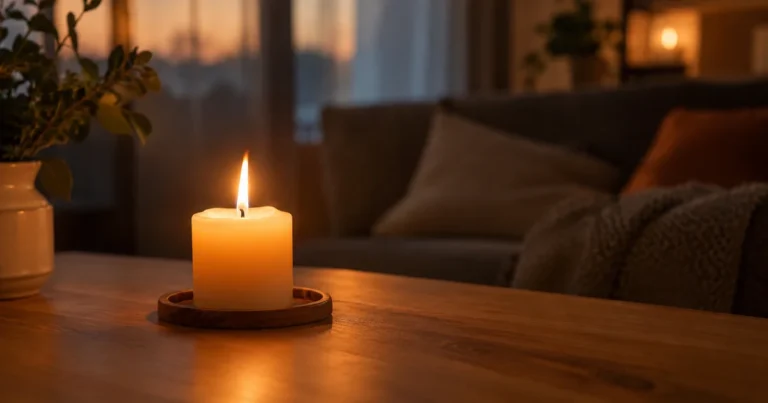 A single lit candle on a wooden table with soft warm glow