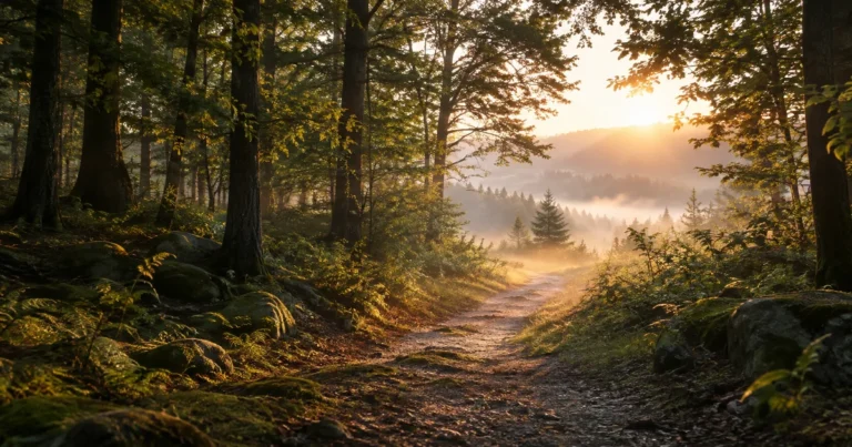 A forest path leading from cool shadow into warm open morning light, mist lifting from the ground, no people visible