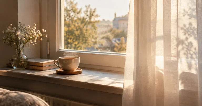 A quiet room with morning light streaming through a window, a cup of tea on the sill, soft curtains, no person visible